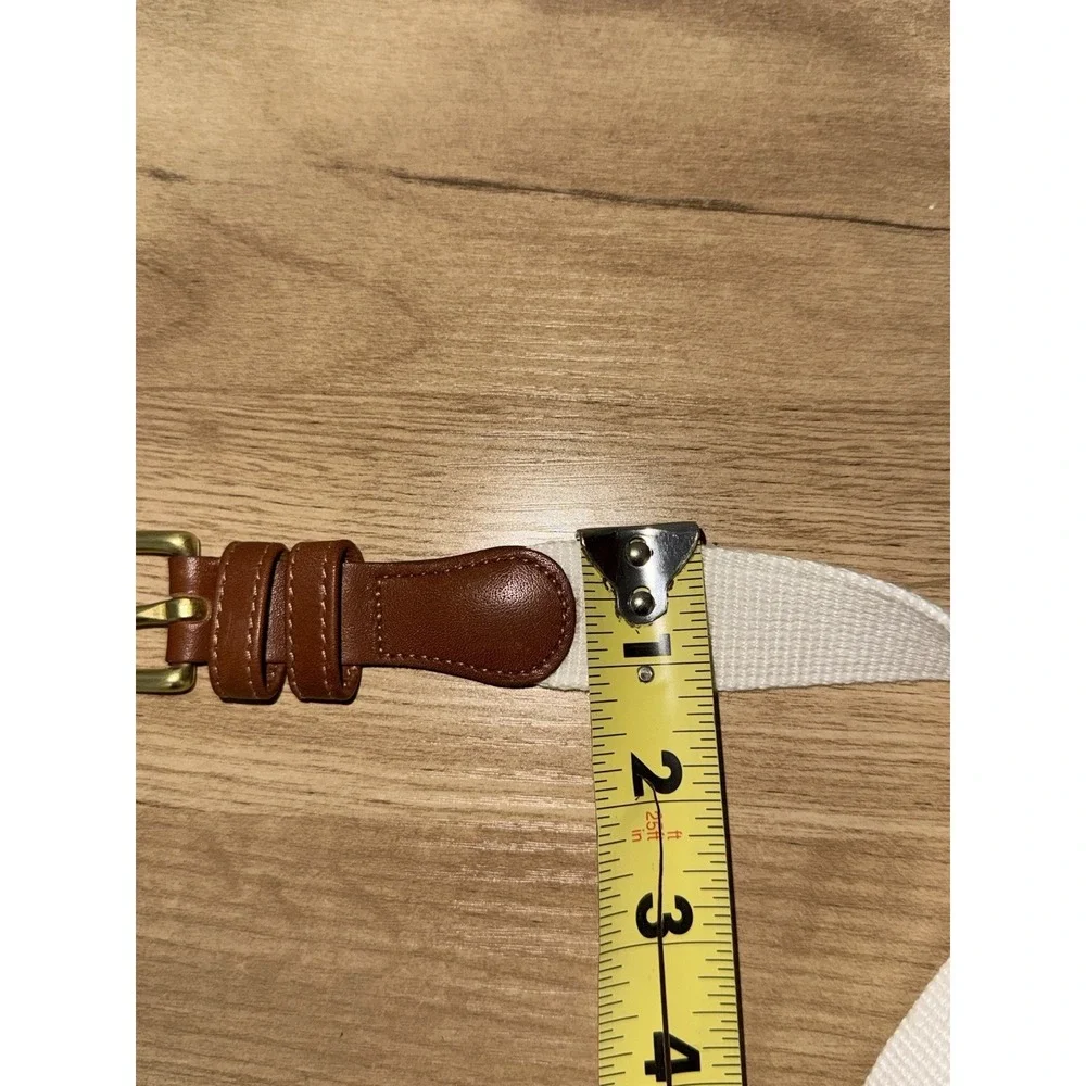 Vintage Coach Leather Canvas Belt 3815‎ Brass White Linen Brown Tan Size 34